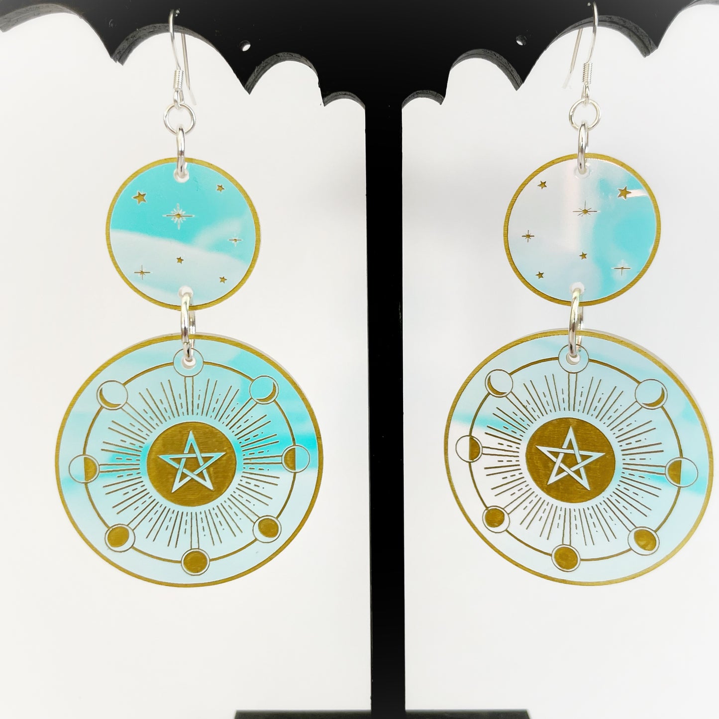 Moon cycle / starry / pentagram Earrings (Iridescent) - Circular