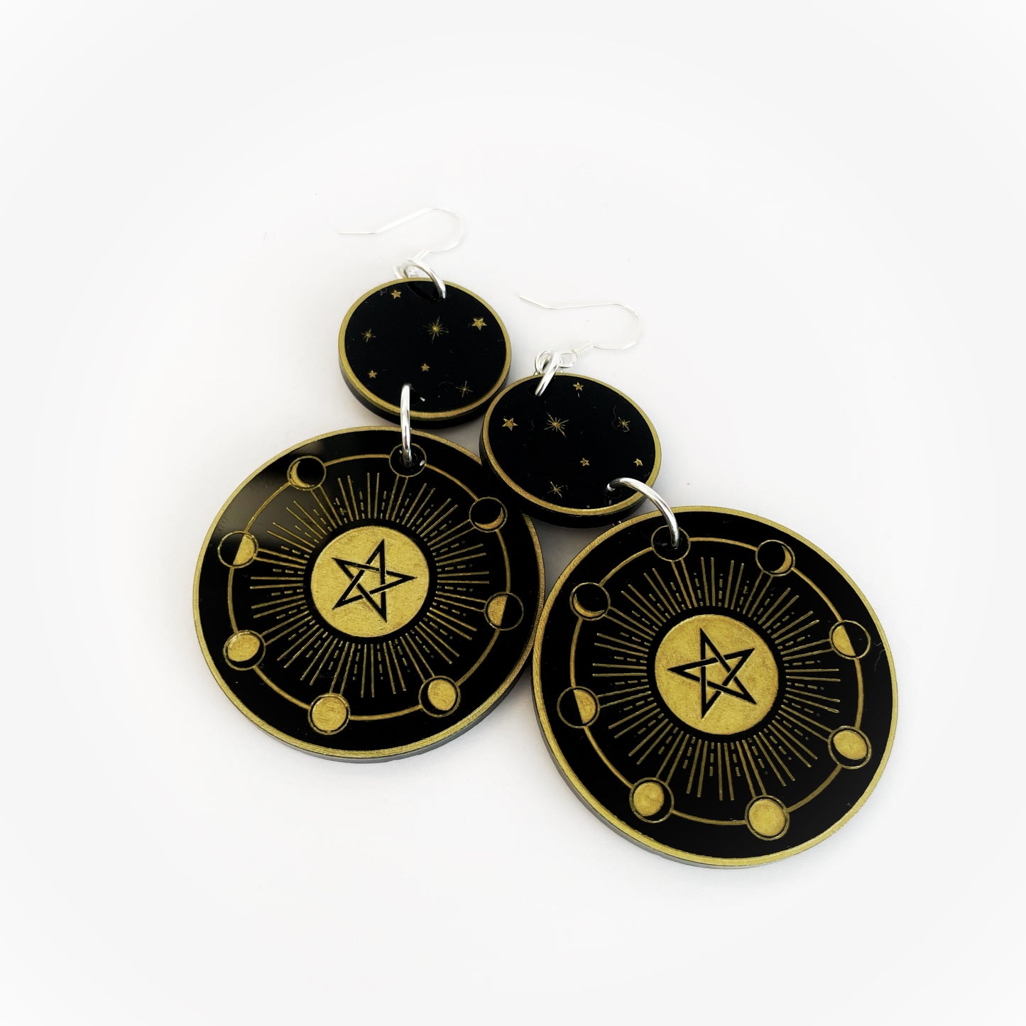 Moon cycle / starry / pentagram Earrings (Black) - Circular