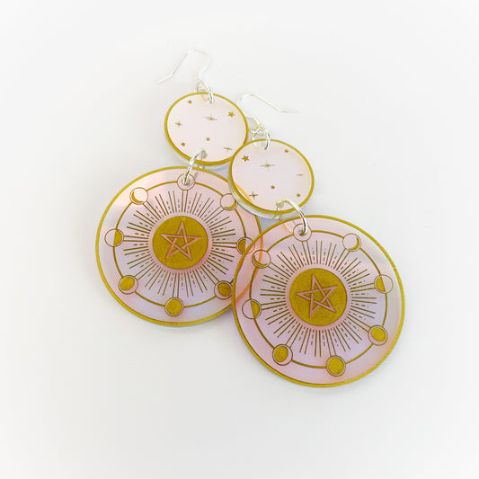 Moon cycle / starry / pentagram Earrings (Iridescent) - Circular