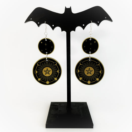 Moon cycle / starry / pentagram Earrings (Black) - Circular