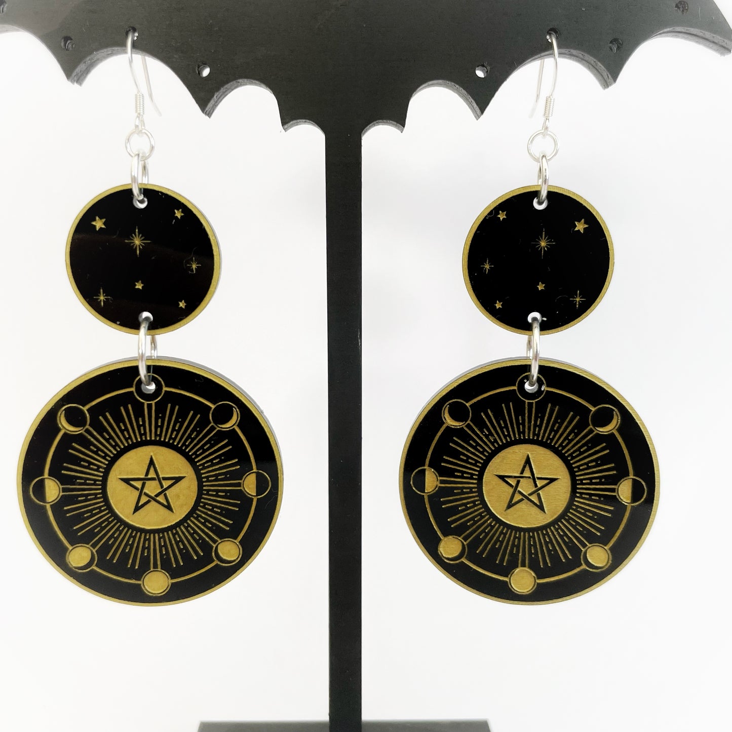 Moon cycle / starry / pentagram Earrings (Black) - Circular