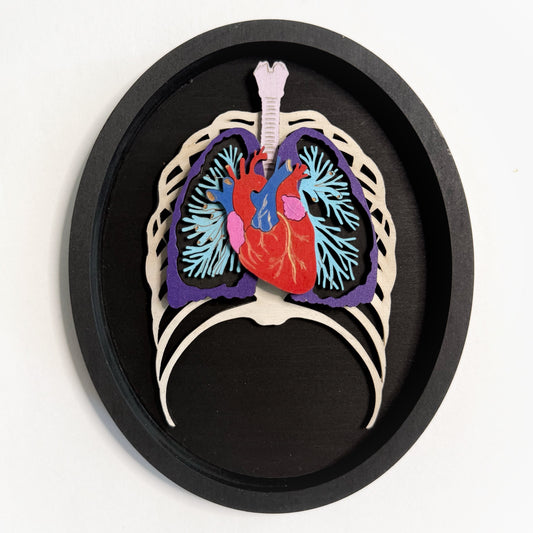 Gothic Wall Art – Hand-Painted Wood, Rib Cage, Heart and Lungs in Black Frame