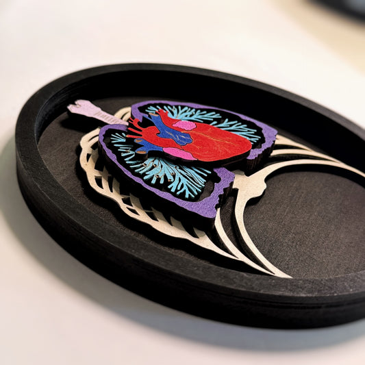 Gothic Wall Art – Hand-Painted Wood, Rib Cage, Heart and Lungs in Black Frame